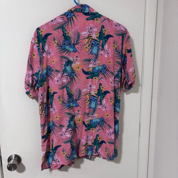 Disney Stitch men’s Coral Pink Tropical floral Print Men's button down Shirt L - Picture 2 of 9